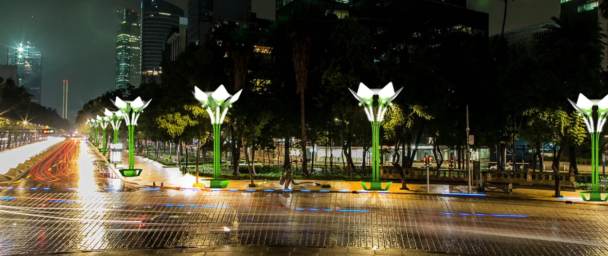 Visualización conceptual de NA3light en un paseo urbano nocturno